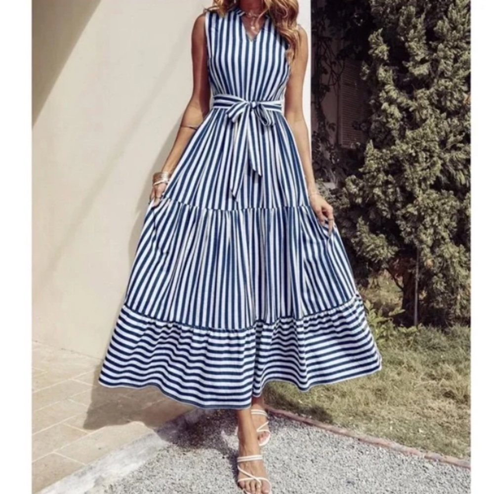 Boho Green White Striped Sleeveless Belted Maxi Dress - Picture 7 of 11